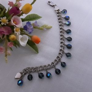 Double Link Sterling Silver Bracelet with Iridescent Faceted Glass Beads